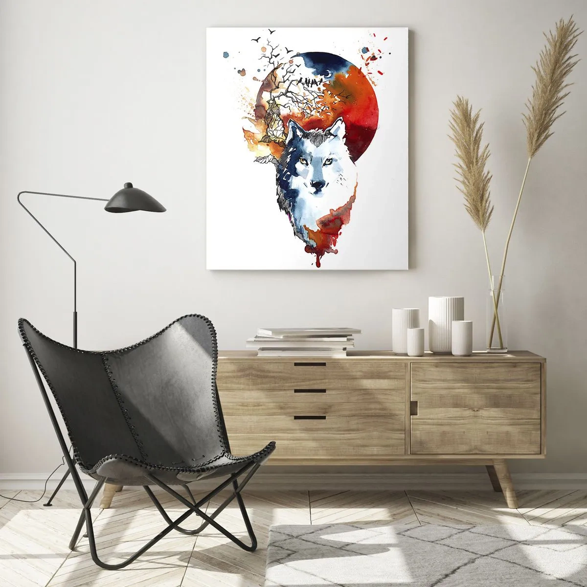 Obraz na szkle - Ilustracja przedstawiająca wilka z pełnią księżyca w tle - 50x70cm - Nos w nos z nocą - Nowoczesna dekoracja ścienna do salonu, kuchni i sypialni ARTTOR