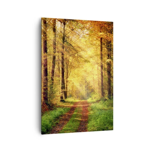 Obraz na płótnie - Leśna ścieżka otoczona złotymi i zielonymi drzewami - 70x100cm - Leśno-złota cisza - Nowoczesna dekoracja ścienna do salonu i sypialni ARTTOR