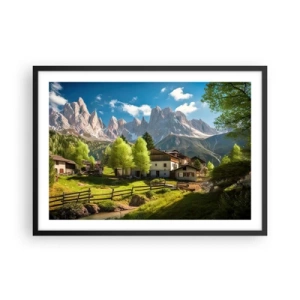 Plakat w czarnej ramie - Górska wioska z domami i widokiem na szczyty Alp - 70x50cm - Alpejska sielanka - Nowoczesna dekoracja ścienna do salonu i sypialni ARTTOR