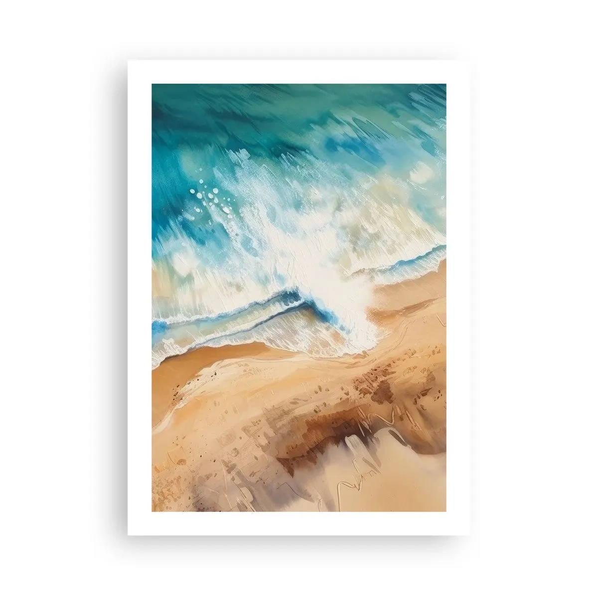Plakat - Abstrakcyjna scena z falą uderzającą w brzeg w odcieniach turkusu i piasku - 50x70cm - Powracająca fala - Nowoczesna dekoracja ścienna do salonu, kuchni i sypialni ARTTOR