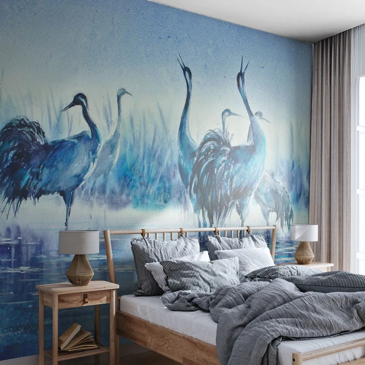 Fototapeta Premium Sand - Ptaki brodzące o świcie na tle błękitnej toni - 100x70cm - Poranne spotkanie - Nowoczesna dekoracja ścienna do salonu, kuchni i sypialni ARTTOR