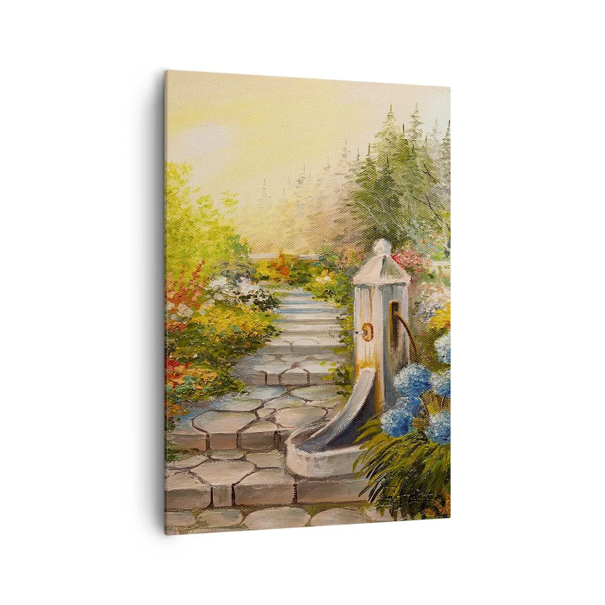 Obraz na płótnie - Malowniczy ogród z fontanną i kolorowymi kwiatami - 70x100cm - W pełnym rozkwicie - Nowoczesna dekoracja ścienna do salonu i sypialni ARTTOR