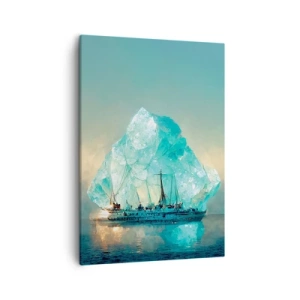 Obraz na płótnie - Statek żaglowy przepływający obok gigantycznej lodowej góry w błękitnej tonacji - 50x70cm - Arktyczny brylant - Nowoczesna dekoracja ścienna do salonu, kuchni i sypialni ARTTOR