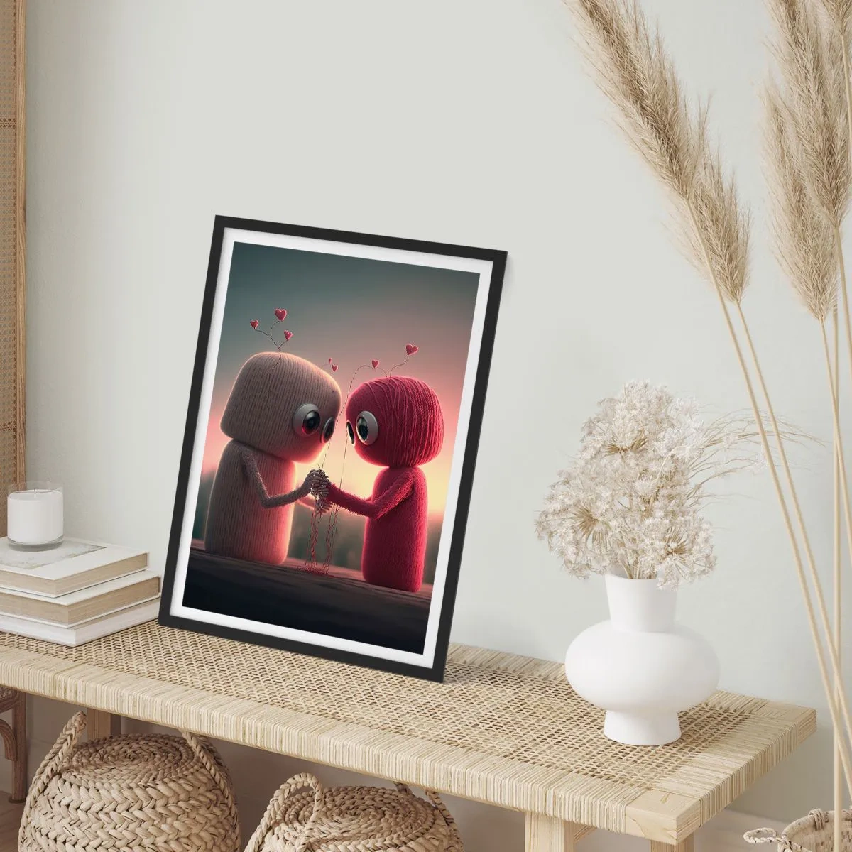 Plakat w czarnej ramie - Urocze postacie z włóczki trzymające się za ręce - 50x70cm - Każdemu wolno kochać - Nowoczesna dekoracja ścienna do salonu i sypialni ARTTOR