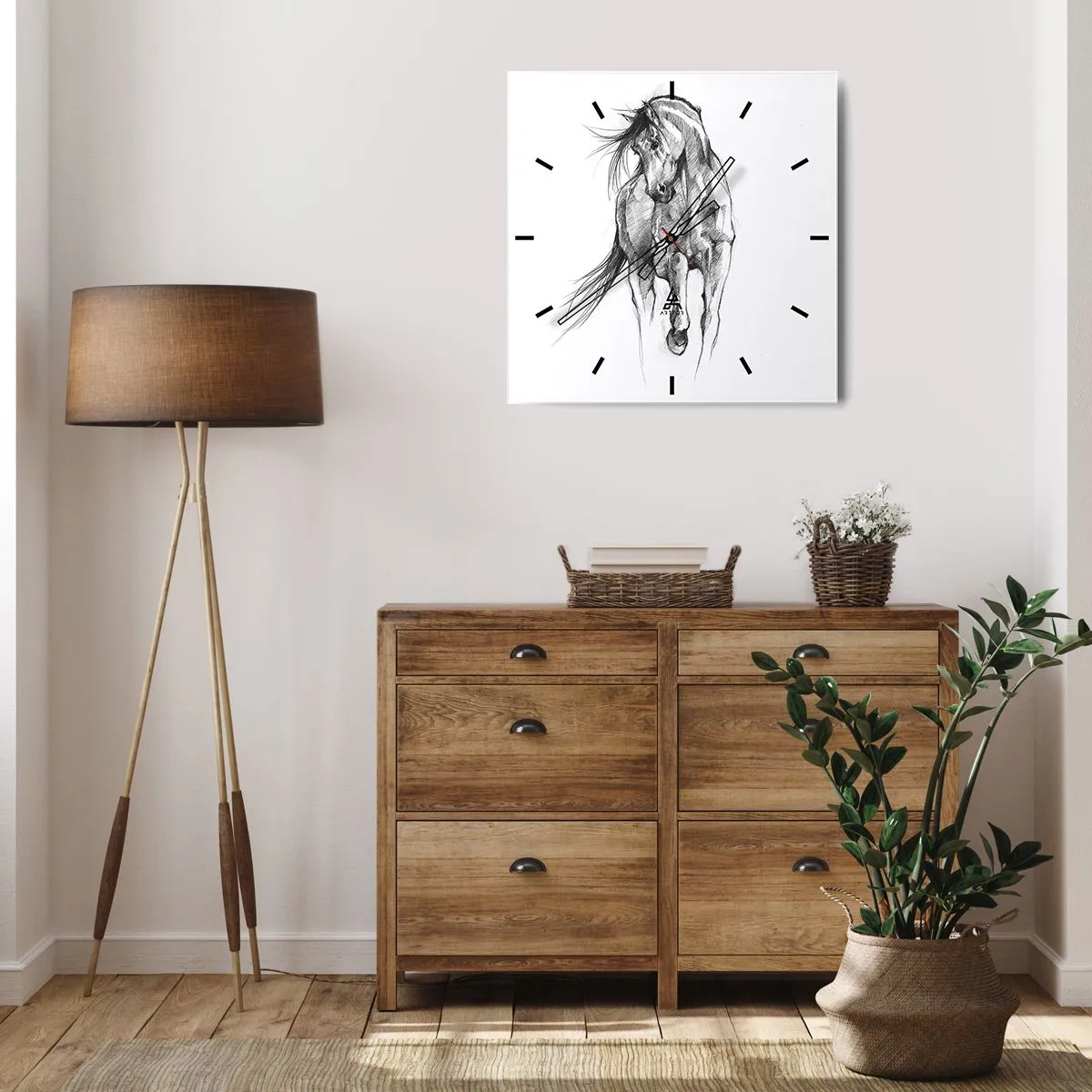 Zegar ścienny - Szkic galopującego konia w czerni i bieli - 30x30cm - We wdzięcznym kłusie - Nowoczesna dekoracja ścienna do salonu i sypialni ARTTOR