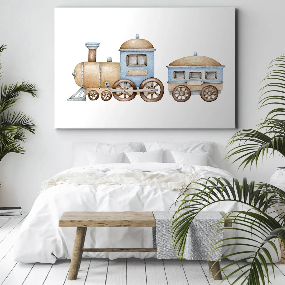 Obraz na płótnie - Rysunek pociągu w pastelowych odcieniach na białym tle - 70x50cm - Stoi na stacji... - Nowoczesna dekoracja ścienna do salonu i sypialni ARTTOR