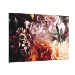 Obraz na szkle - Zbliżenie na kompozycję z róż, goździków i drobnych kwiatów - 100x70cm - Otulone pięknem - Nowoczesna dekoracja ścienna do salonu, kuchni i sypialni ARTTOR