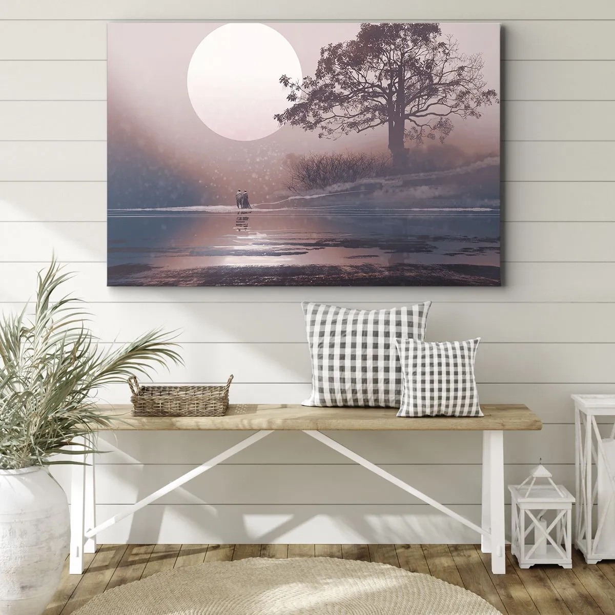 Obraz na płótnie - Romantyczna scena z księżycem i drzewem nad wodą - 70x50cm - Nocne dziwy - Nowoczesna dekoracja ścienna do salonu i sypialni ARTTOR