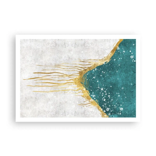 Plakat - Abstrakcyjna kompozycja w odcieniach złota i turkusu - 100x70cm - Złoty przypływ - Nowoczesna dekoracja ścienna do salonu i sypialni ARTTOR