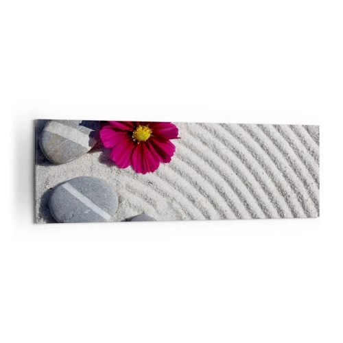 Obraz na płótnie - Kamienie i różowy kwiat na piasku w stylu zen - 160x50cm - Energia i spokój magicznego kręgu natury - Nowoczesna dekoracja ścienna do salonu i sypialni ARTTOR