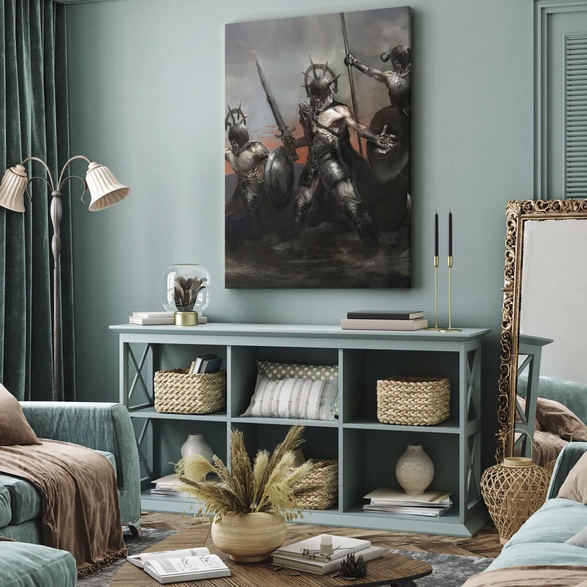 Obraz na płótnie - Grupa wojowników w zbrojach z włóczniami na tle zachodu słońca - 80x120cm - Z tarczą lub na tarczy - Nowoczesna dekoracja ścienna do salonu i sypialni ARTTOR