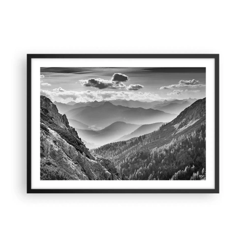 Plakat w czarnej ramie - Czarno-biały krajobraz górski z chmurami nad szczytami - 70x50cm - Aż po horyzont - Nowoczesna dekoracja ścienna do salonu i sypialni ARTTOR