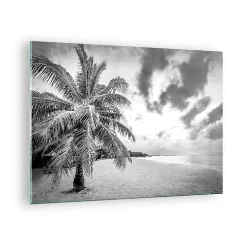 Obraz na szkle - Czarno-biała palma na pustej plaży o zachmurzonym niebie - 70x50cm - Gdy tęsknisz do samotności… - Nowoczesna dekoracja ścienna do salonu i sypialni ARTTOR