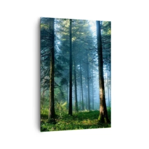 Obraz na płótnie - Leśna ścieżka oświetlona promieniami porannego słońca - 70x100cm - Rozpromieniony o poranku - Nowoczesna dekoracja ścienna do salonu i sypialni ARTTOR