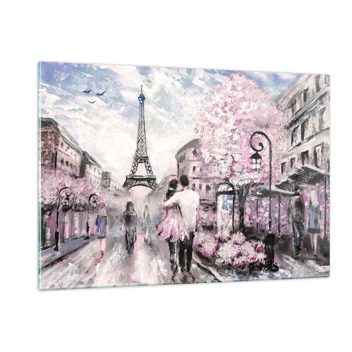 Obraz na szkle - Romantyczna para w Paryżu z Wieżą Eiffla w tle - 120x80cm - Jak zakochac się, to tylko w… - Nowoczesna dekoracja ścienna do salonu, kuchni i sypialni ARTTOR