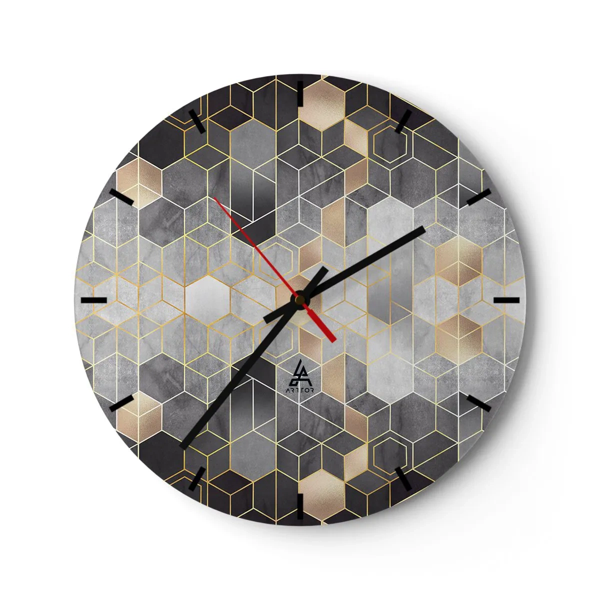 Zegar ścienny - Geometryczna mozaika w odcieniach szarości i złota - 30x30cm - Diamentowa kompozycja - Nowoczesna dekoracja ścienna do salonu, kuchni i sypialni ARTTOR