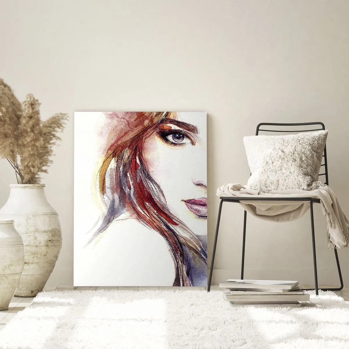 Obraz na szkle - Subtelna akwarela kobiecej twarzy z wyrazistym spojrzeniem - 70x100cm - Vademecum - idź za mną - Nowoczesna dekoracja ścienna do salonu i sypialni ARTTOR