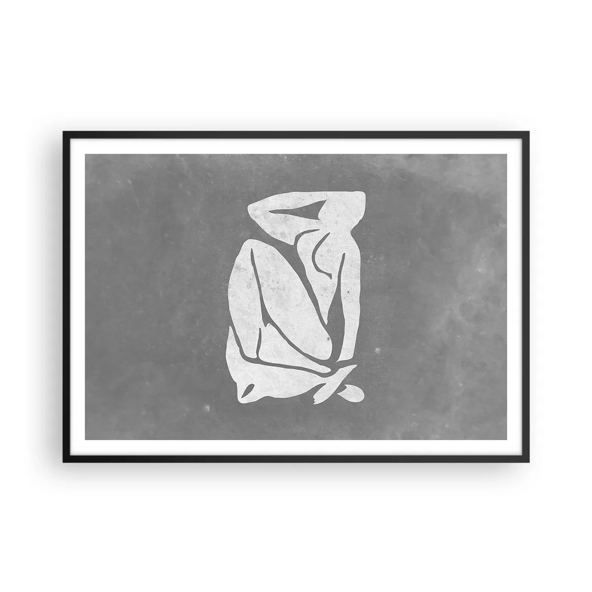 Plakat w czarnej ramie - Minimalistyczny rysunek sylwetki na szarym tle - 100x70cm - W zamyśleniu - Nowoczesna dekoracja ścienna do salonu i sypialni ARTTOR