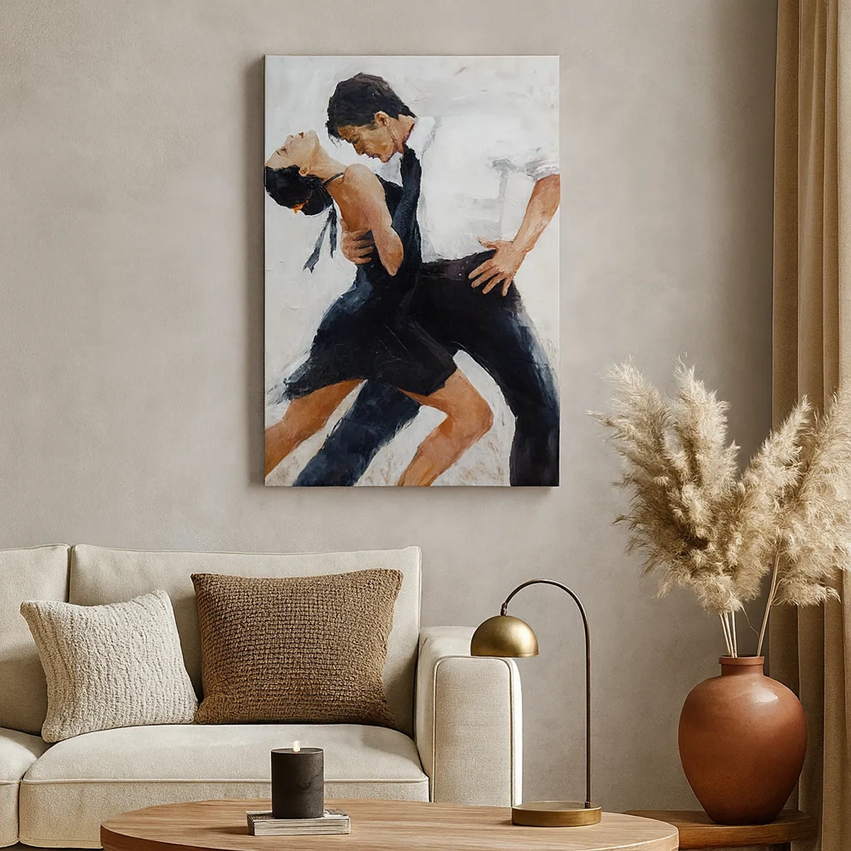 Obraz na płótnie - Para tańcząca tango w eleganckim, dynamicznym ujęciu - 50x70cm - Tango mych marzeń i snów - Nowoczesna dekoracja ścienna do salonu, kuchni i sypialni ARTTOR