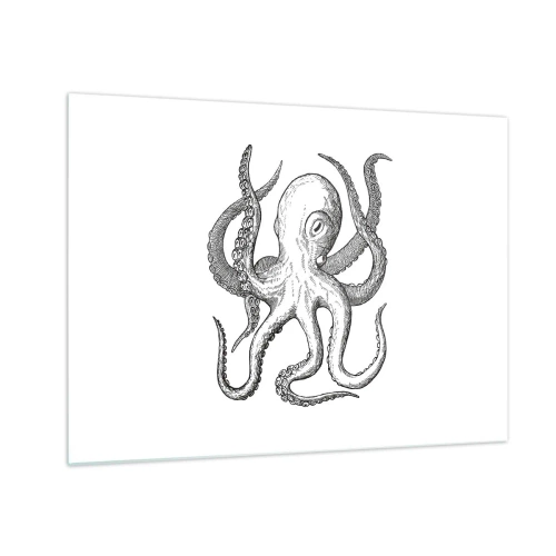 Obraz na szkle - Czarno-biały rysunek ośmiornicy na białym tle - 70x50cm - Tańcząca z falami - Nowoczesna dekoracja ścienna do salonu i sypialni ARTTOR