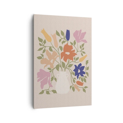 Obraz na płótnie - Barwna ilustracja bukietu kwiatów w białym wazonie na beżowym tle - 70x100cm - Bukiet delikatny - Nowoczesna dekoracja ścienna do salonu i sypialni ARTTOR