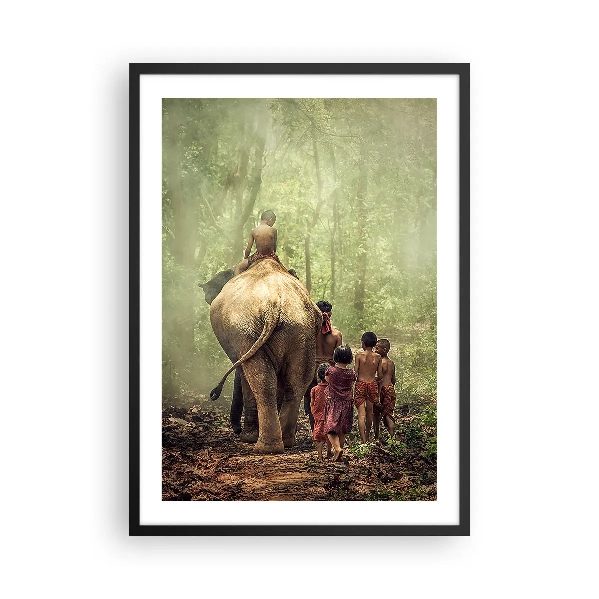 Plakat w czarnej ramie - Dzieci i słoń w lesie tropikalnym - 50x70cm - Nowa Księga Dżungli - Nowoczesna dekoracja ścienna do salonu i sypialni ARTTOR