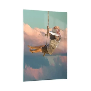 Obraz na szkle - Kobieta na huśtawce wśród różowych chmur - 80x120cm - Zabawa w obłokach - Nowoczesna dekoracja ścienna do salonu i sypialni ARTTOR