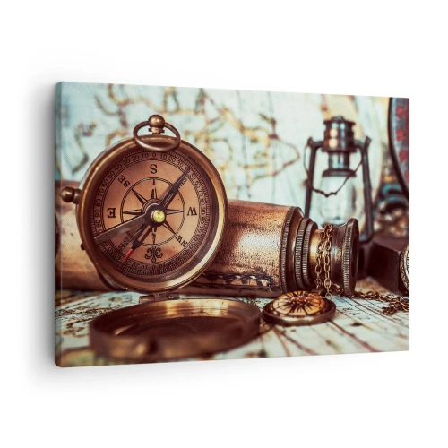 Obraz na płótnie - Zestaw retro z kompasem, lunetą i mapą w klimacie podróżniczym - 70x50cm - Piracka przygoda na Karaibach czeka - Nowoczesna dekoracja ścienna do salonu i sypialni ARTTOR