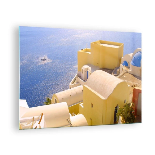 Obraz na szkle - Widok na Santorini z błękitnym morzem i białymi budynkami - 70x50cm - Grecki pejzaż w bieli i błękicie - Nowoczesna dekoracja ścienna do salonu i sypialni ARTTOR
