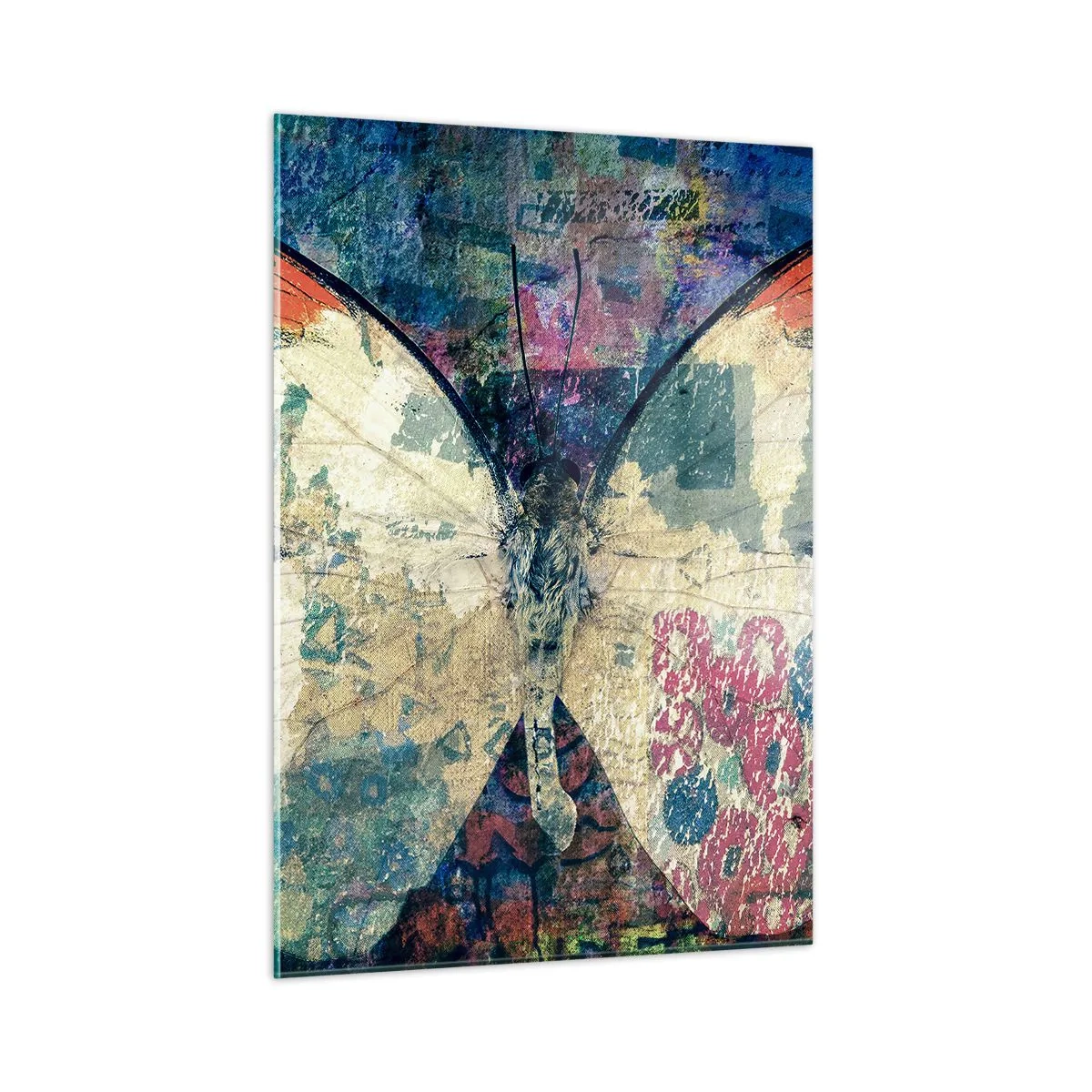Obraz na szkle - Kolorowy motyl na abstrakcyjnym tle w odcieniach niebieskiego i pomarańczowego - 50x70cm - Subtelna kruchość - Nowoczesna dekoracja ścienna do salonu, kuchni i sypialni ARTTOR