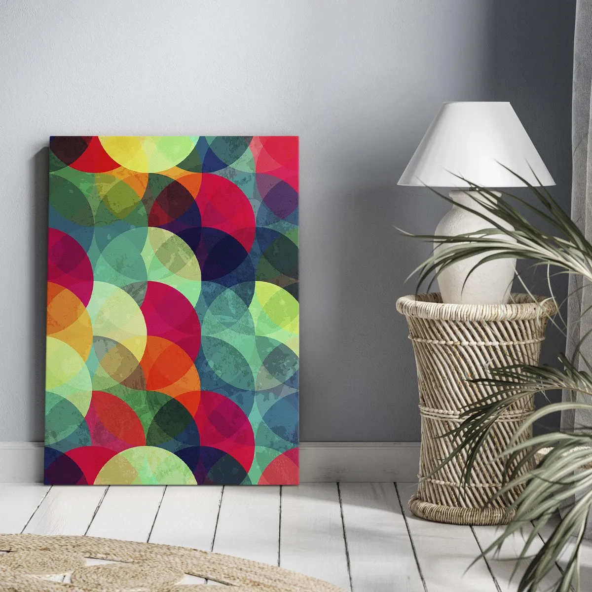 Obraz na płótnie - Kolorowa abstrakcja z geometrycznymi, nakładającymi się okręgami - 50x70cm - Wtęczowstąpienie - Nowoczesna dekoracja ścienna do salonu, kuchni i sypialni ARTTOR