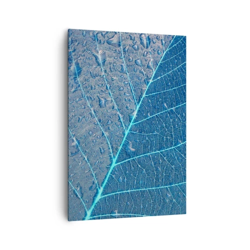 Obraz na płótnie - Liść w błękitnych odcieniach z kroplami wody - 70x100cm - Życie w błękicie - Nowoczesna dekoracja ścienna do salonu i sypialni ARTTOR