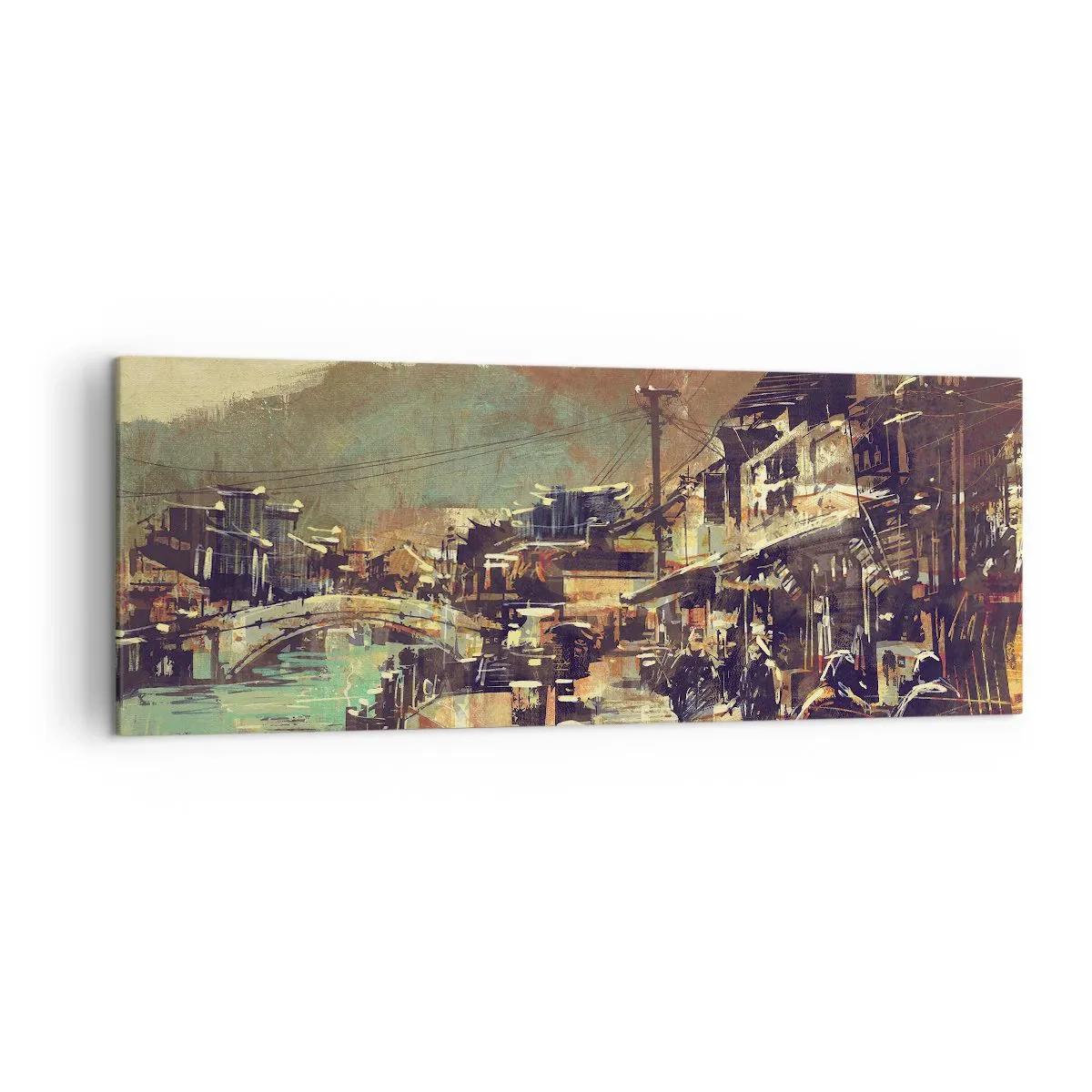 Obraz na płótnie - Miasteczko z mostem i uliczkami w artystycznym stylu - 140x50cm - Życie jako bogactwo szarości - Nowoczesna dekoracja ścienna do salonu i sypialni ARTTOR