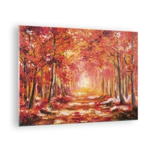 Obraz na szkle - Jesienny krajobraz z drzewami w ciepłych barwach - 70x50cm - Miedziany las - Nowoczesna dekoracja ścienna do salonu i sypialni ARTTOR