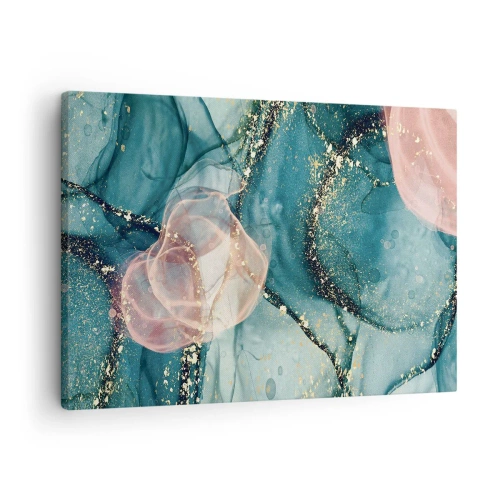 Obraz na płótnie - Abstrakcyjna kompozycja w odcieniach turkusu i złota - 70x50cm - Jedwabny błękit, tiulowy róż - Nowoczesna dekoracja ścienna do salonu i sypialni ARTTOR