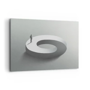 Obraz na płótnie - Człowiek na szarej, abstrakcyjnej konstrukcji - 100x70cm - I bądź tu mądry - Nowoczesna dekoracja ścienna do salonu, kuchni i sypialni ARTTOR