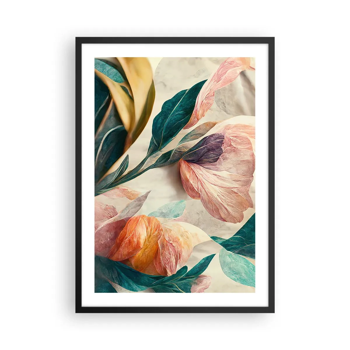 Plakat w czarnej ramie - Kolorowe kwiaty i liście w artystycznej kompozycji - 50x70cm - Kwiaty wysp południowych - Nowoczesna dekoracja ścienna do salonu i sypialni ARTTOR