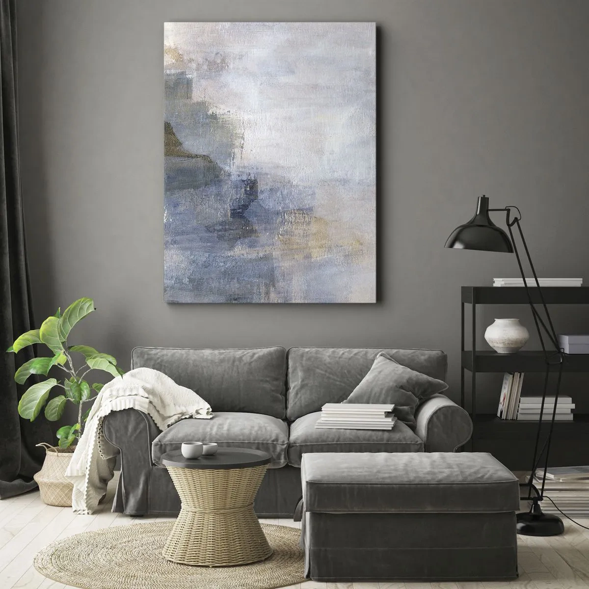 Obraz na płótnie - Abstrakcyjna kompozycja w odcieniach błękitu, beżu i złota - 50x70cm - Tony i akordy barw - Nowoczesna dekoracja ścienna do salonu, kuchni i sypialni ARTTOR
