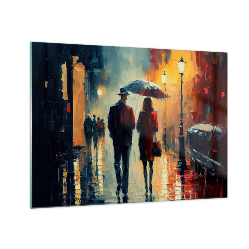 Obraz na szkle - Para z parasolem spacerująca nocą po mokrej ulicy - 70x50cm - Miejska love story - Nowoczesna dekoracja ścienna do salonu i sypialni ARTTOR