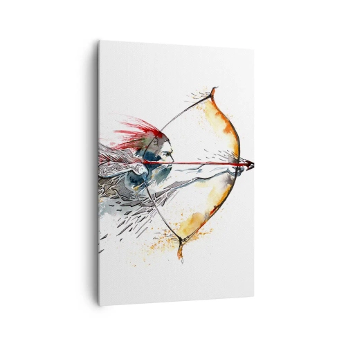 Obraz na płótnie - Dynamiczna akwarela wojownika z łukiem i strzałą - 80x120cm - Mityczny wojownik z ognistym łukiem - Nowoczesna dekoracja ścienna do salonu i sypialni ARTTOR