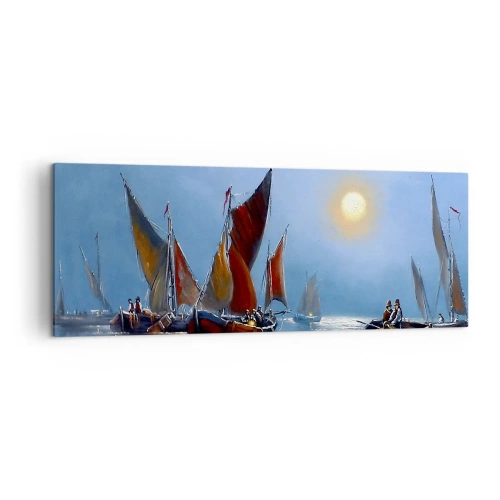 Obraz na płótnie - Łodzie z żaglami na spokojnej wodzie przy zachodzie słońca - 140x50cm - Nocny połów - Nowoczesna dekoracja ścienna do salonu i sypialni ARTTOR