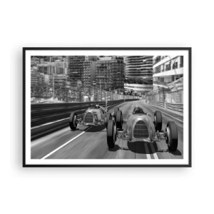 Plakat w czarnej ramie - Monochromatyczna scena wyścigu retro samochodów - 100x70cm - Dawno temu w Monte Carlo - Nowoczesna dekoracja ścienna do salonu i sypialni ARTTOR