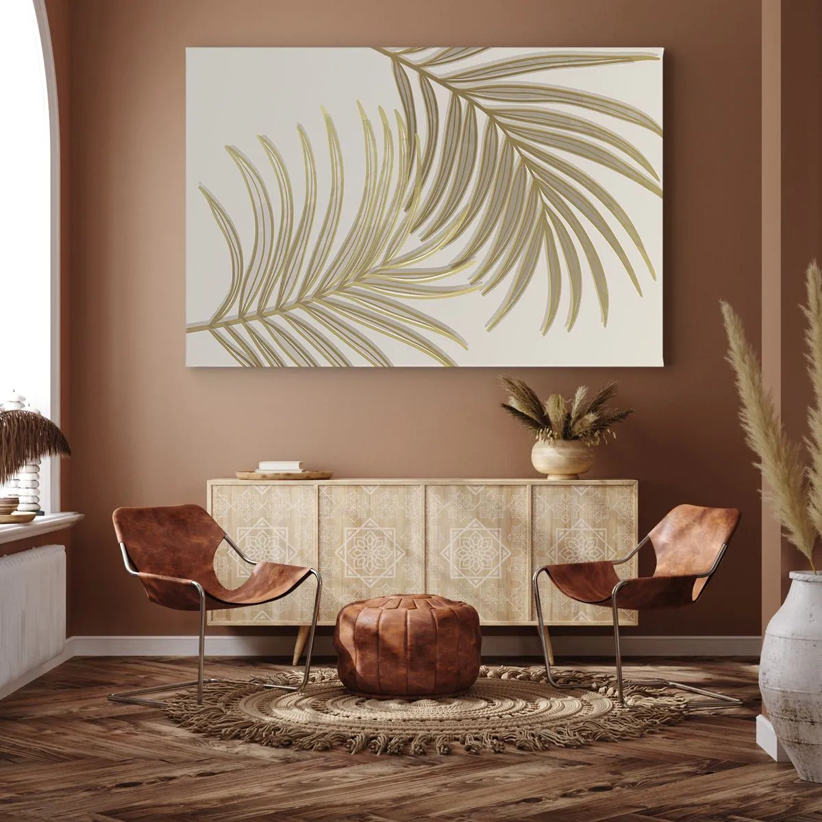 Obraz na płótnie - Złote liście palmowe na jasnym tle w minimalistycznym stylu - 70x50cm - Złota Palma! - Nowoczesna dekoracja ścienna do salonu i sypialni ARTTOR