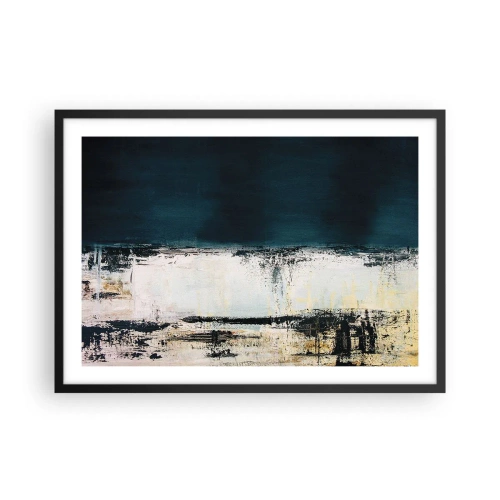 Plakat w czarnej ramie - Abstrakcyjna horyzontalna kompozycja w tonacjach granatu i bieli - 70x50cm - Kompozycja horyzontalna - Nowoczesna dekoracja ścienna do salonu i sypialni ARTTOR