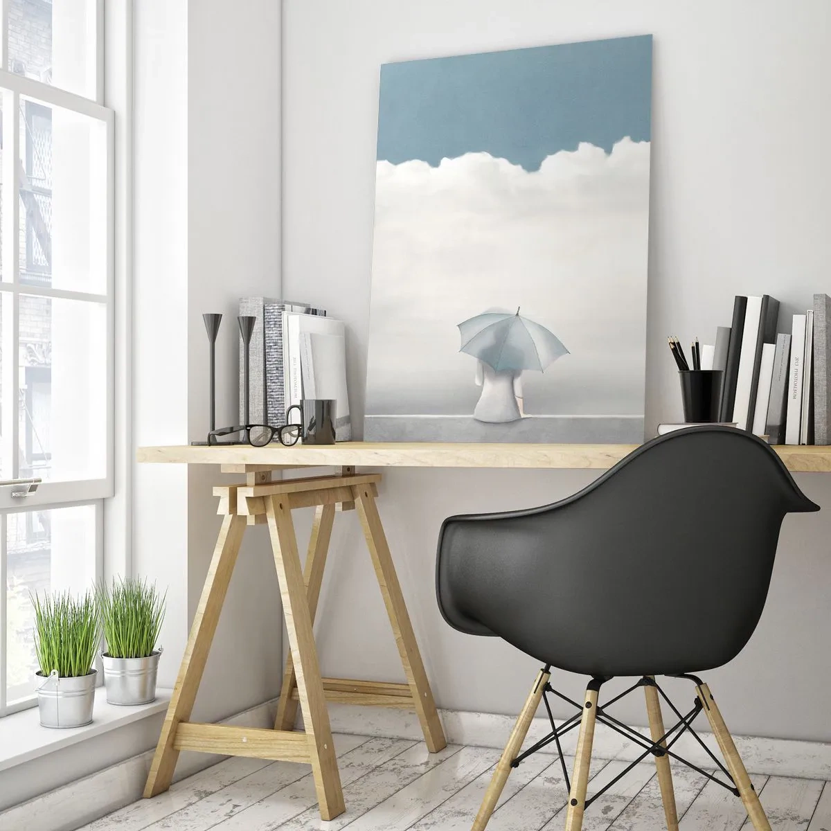 Obraz na szkle - Postać z jasnym parasolem siedząca na krawędzi chmur - 70x100cm - Na krawędzi jawy i marzenia - Nowoczesna dekoracja ścienna do salonu i sypialni ARTTOR