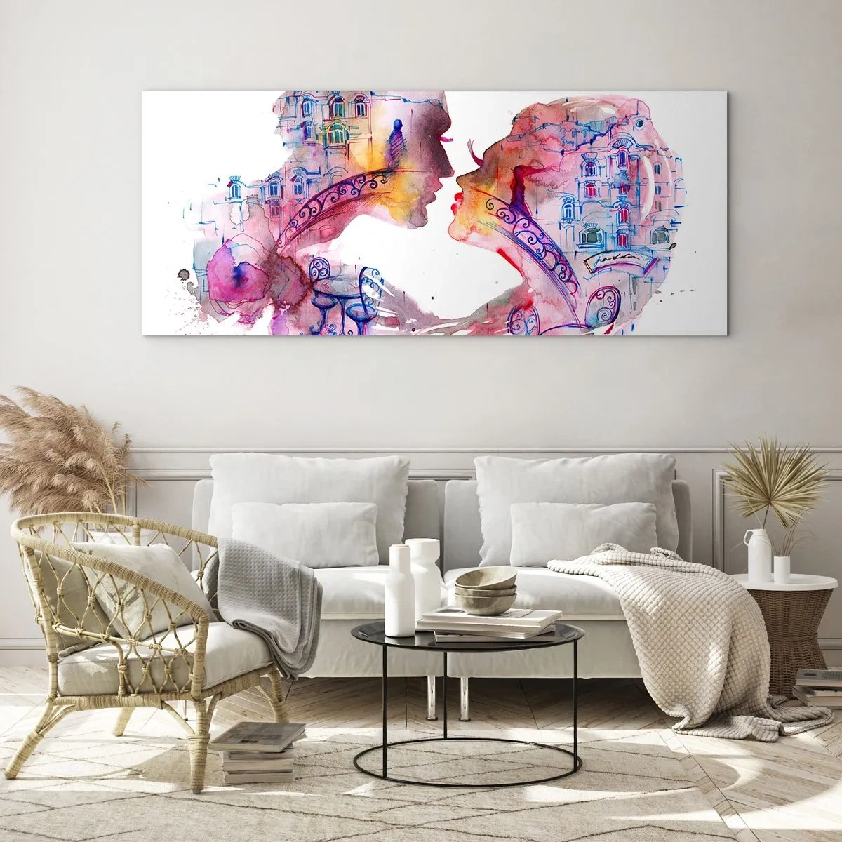 Obraz na szkle - Romantyczna akwarela przedstawiająca sylwetki zakochanych - 120x50cm - Tajemny most westchnień - Nowoczesna dekoracja ścienna do salonu i sypialni ARTTOR