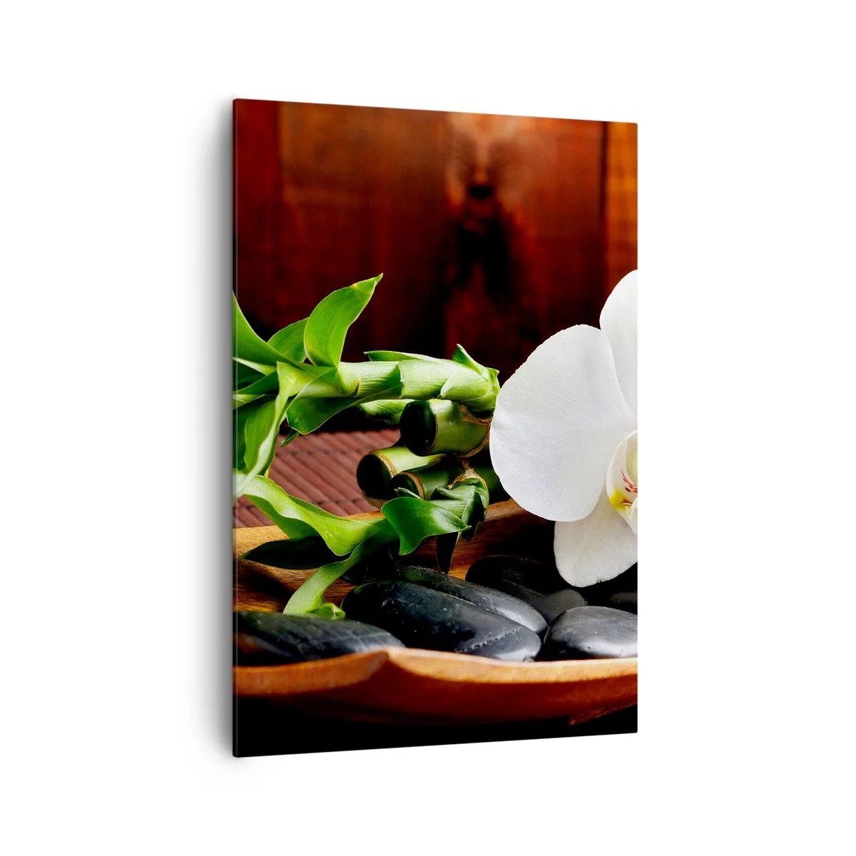 Obraz na płótnie - Biała orchidea z bambusem na tle kamieni w stylu Zen - 70x100cm - Poddaj się dotykowi natury - Nowoczesna dekoracja ścienna do salonu i sypialni ARTTOR