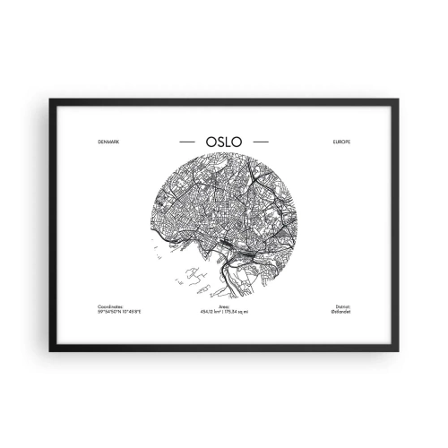 Plakat w czarnej ramie - Mapa Oslo w minimalistycznym, czarno-białym stylu - 70x50cm - Anatomia Oslo - Nowoczesna dekoracja ścienna do salonu i sypialni ARTTOR