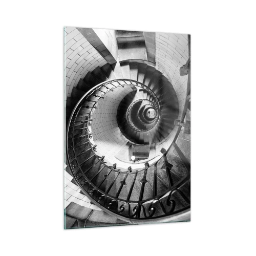 Obraz na szkle - Czarno-białe zdjęcie spiralnych schodów w perspektywie - 50x70cm - Wyżej i wyżej - Nowoczesna dekoracja ścienna do salonu, kuchni i sypialni ARTTOR