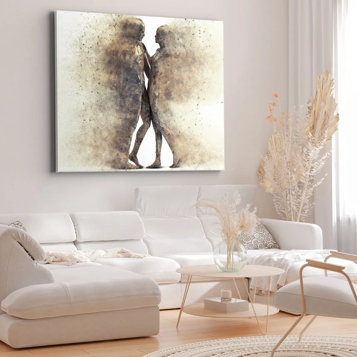 Obraz na płótnie - Abstrakcyjny duet sylwetek w piaskowych odcieniach - 70x50cm - Z prochu powstali, by kochać - Nowoczesna dekoracja ścienna do salonu i sypialni ARTTOR